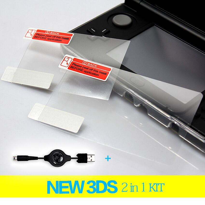 Game accessoires Top Bottom HD Clear Beschermfolie Oppervlak Guard Cover voor Nintendo 3DS + Een Intrekbare Stroomkabel