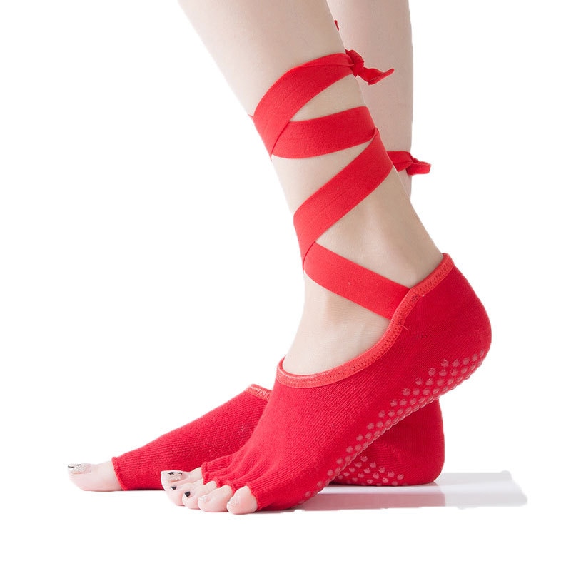 #39 öppna femtåiga yogastrumpor med bandage, snörning, andningsbara, halkfria, pilates, barre-dans, gym, fitness, sportstrumpor med grepp