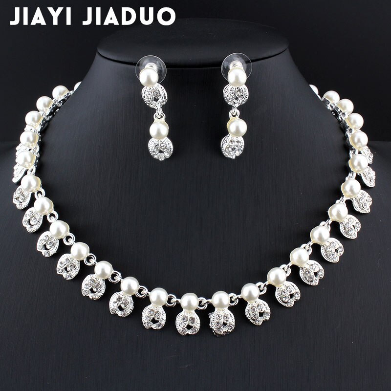 jiayijiaduo Bridal jewelry sets simple imitation pearl Silver color necklace for women wedding accessories Love