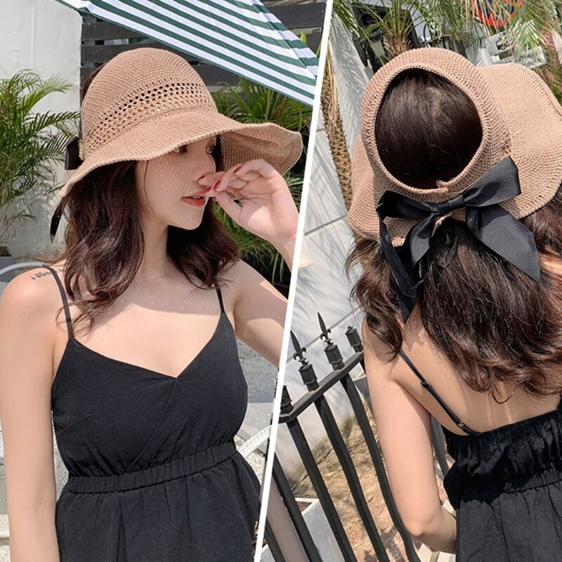 Visera de malla tejida para mujer, gorro de playa con lazo, Top abierto enrollable, ala ancha empaquetable, sombrero de protección solar UV de viaje para verano