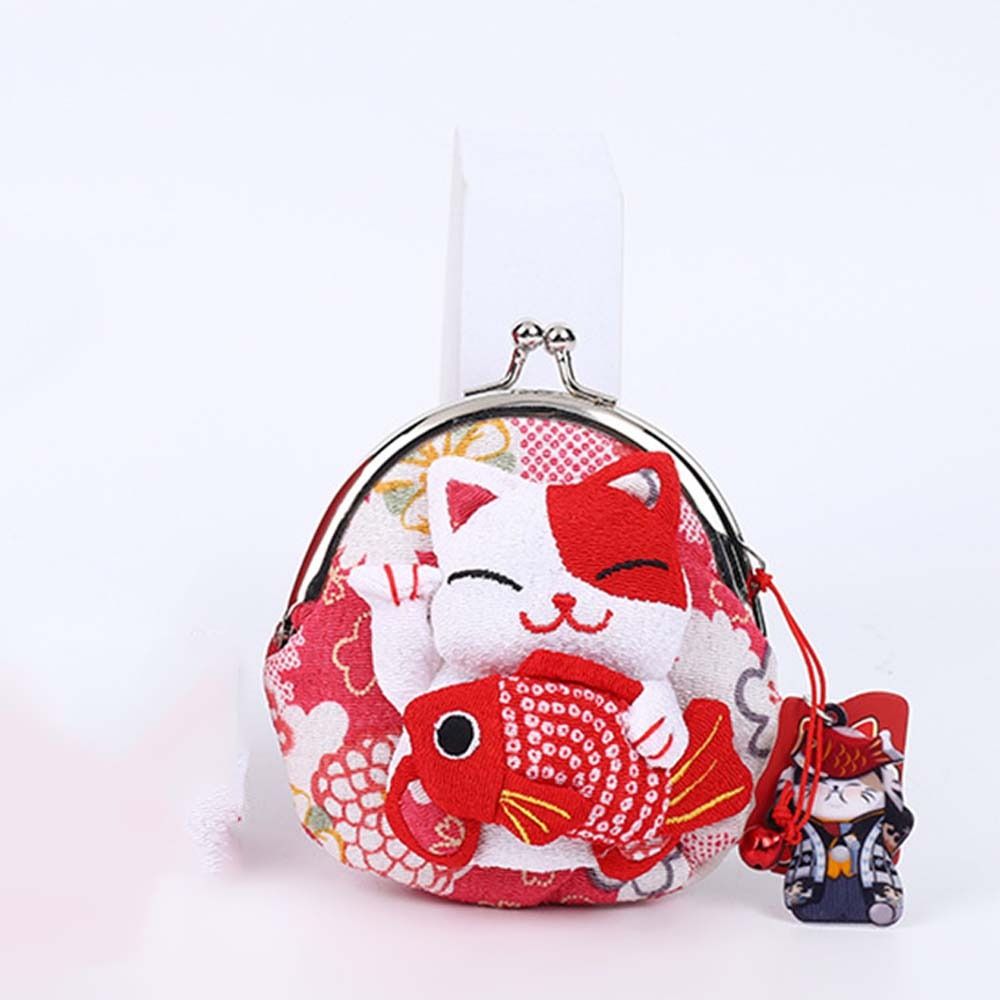Retro Japanese Style Maneki Neko Coin Purse Doll Flower Printing Lucky Cat Clutch Bag Storage Bag Wallets Card Holder Women: GRAY