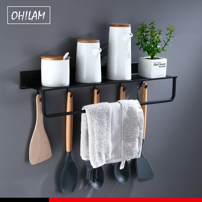 Zwarte Badkamer Planken 30-60 cm Lengte Keuken Wandplank Douche Mand Opslag Rack Handdoek Bar Robe Haken Badkamer accessoires