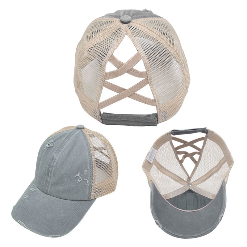 Women Distressed Washed Mesh Baseball Cap Leopard Camo Ponytail Band Trucker Hat 2XPD