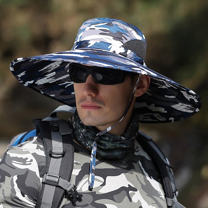 Camoland sommar solhatt herr kamouflage bucket hatt utomhus uv skydd keps hane lång bred brätte vandring fiske hattar: Mörkblå