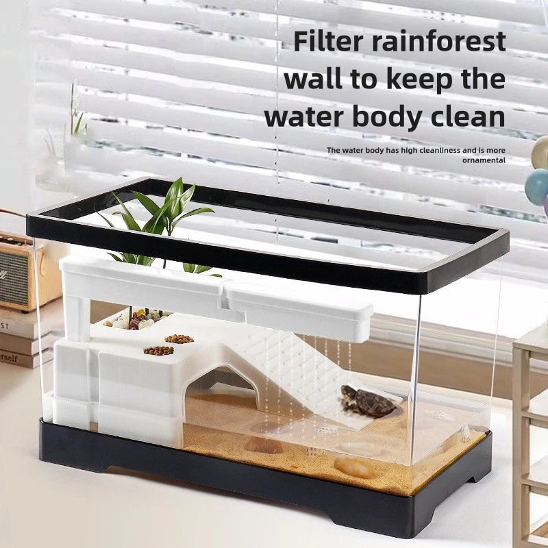 Transparency Turtle Tank With Breed Feed Area Cage Reptile Habitat Turtle Tank Bottom Drainage Enclosure Starter Indoor Decor