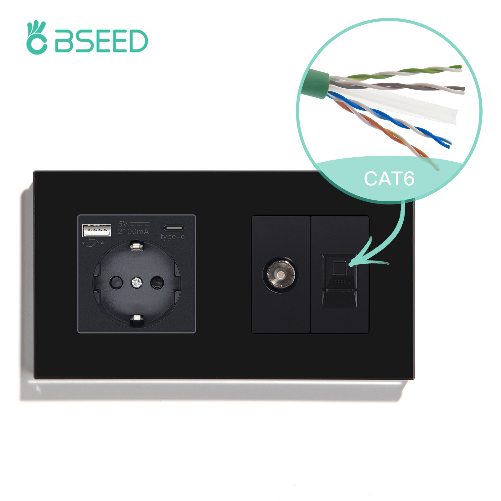 BSEED TV CAT5 With EU Socket Double Wall Sockets TV Internet RJ45 PC Connections Type-c USB Electric Sockets Glass Frame: Type 13