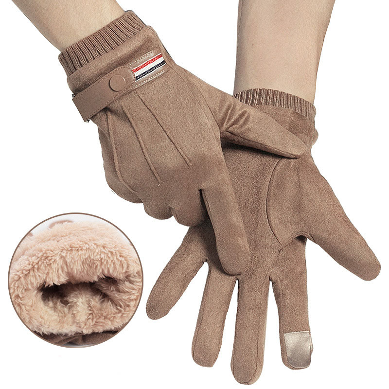 Men Winter Sport Riding Windproof Nonslip Touch Screen Warm Glove Suede Leather Plus Velvet Thick Full Finger Driving Mitten M94: Coffee