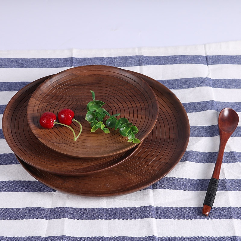 Assiette ronde en bois de hêtre et de noyer noir, assiette à fruits, soucoupe, plateau à thé, dessert, dîner, pain, assiettes en bois