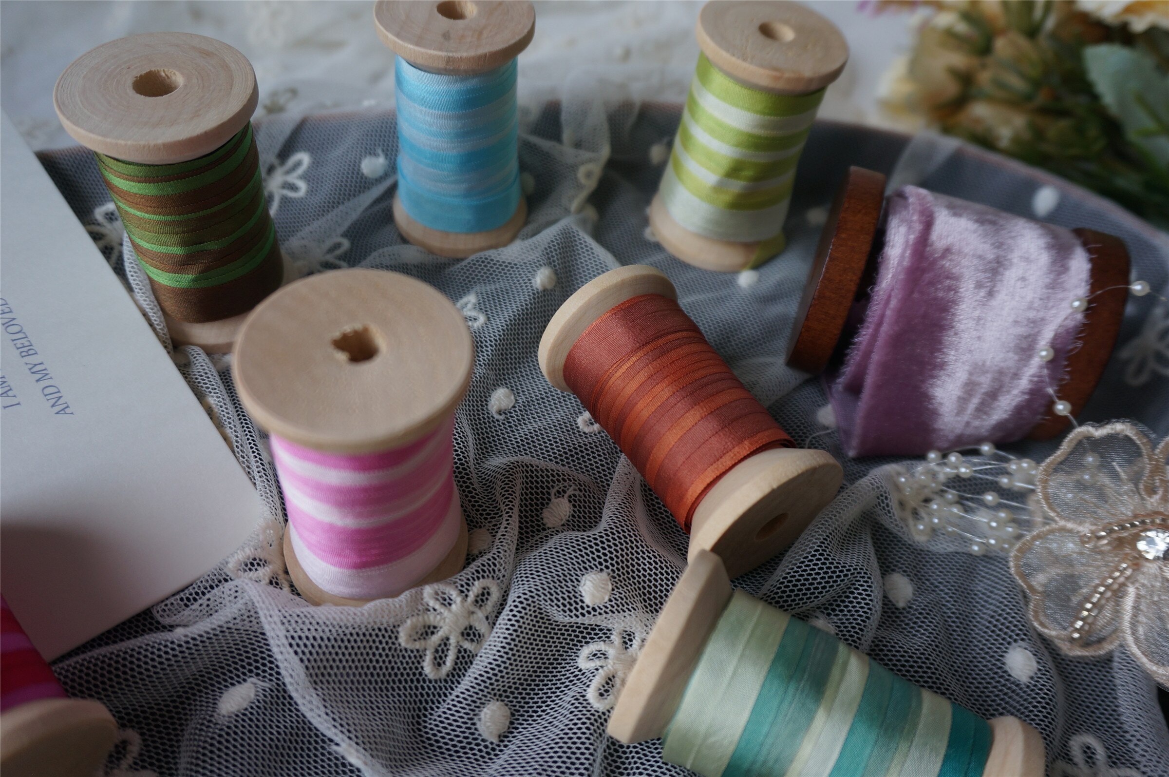 10mm bonte houten spoelen zijden borduurlint dun taft zijden lint fotografie styling lint handwerk