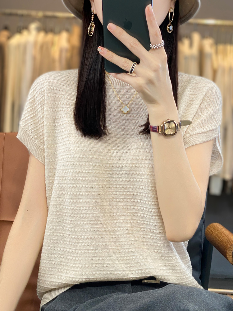 Neue Wolle Lyocell Kurzarm T-shirts Pullover frauen Oansatz Batwing Hülse Pullover Weste Sommer Gestrickte Bodenbildung T-shirt: XXL / Beige