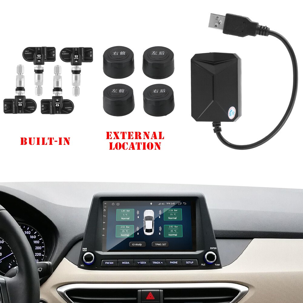 USB Android TPMS Tire Pressure Monitoring System Display Alarm System 5V Internal Sensors Android Navigation Car Radio 4 Sensors