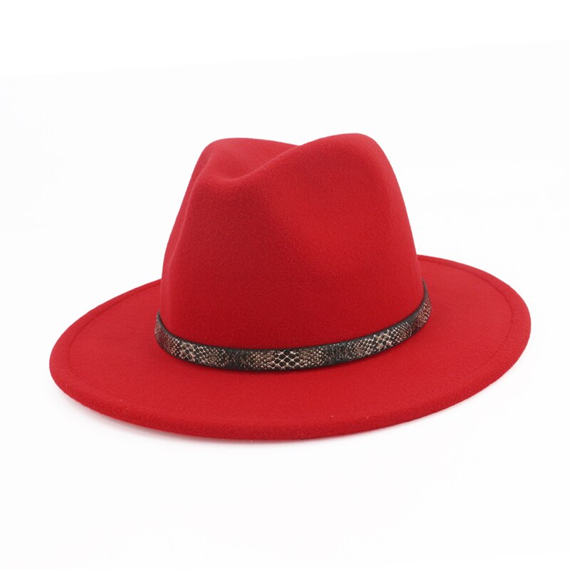 QBHAT femmes hommes à large bord laine feutre chapeau disquette Jazz casquette Panama Fedora chapeaux avec serpent Grain cuir Trilby QB57