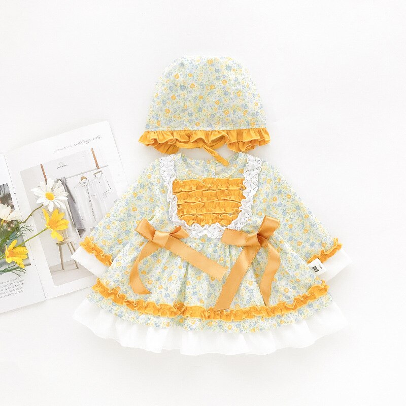 Baby pige lolita blomster kjoler spædbarn prinsesse kjole sommer piger 1st fødselsdag dåb fest kjole toddler boutique tøj: Gul kjole og hat / 3t