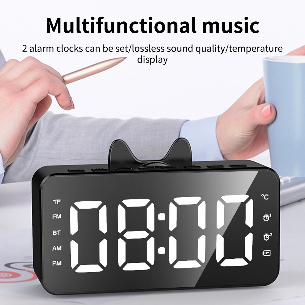 Multifunction LED Digital Dual Alarm Clock Bluetooth Speaker With FM Radio LED Mirror Wireless Music Player Snooze Temperature