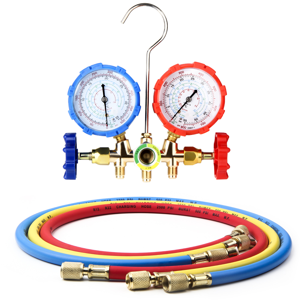 Air Conditioning Pressure Gauge with Hose and Hook 3 Way AC Diagnostic Manifold Gauge Set for Freon For R12 R22 R404A R134a: black