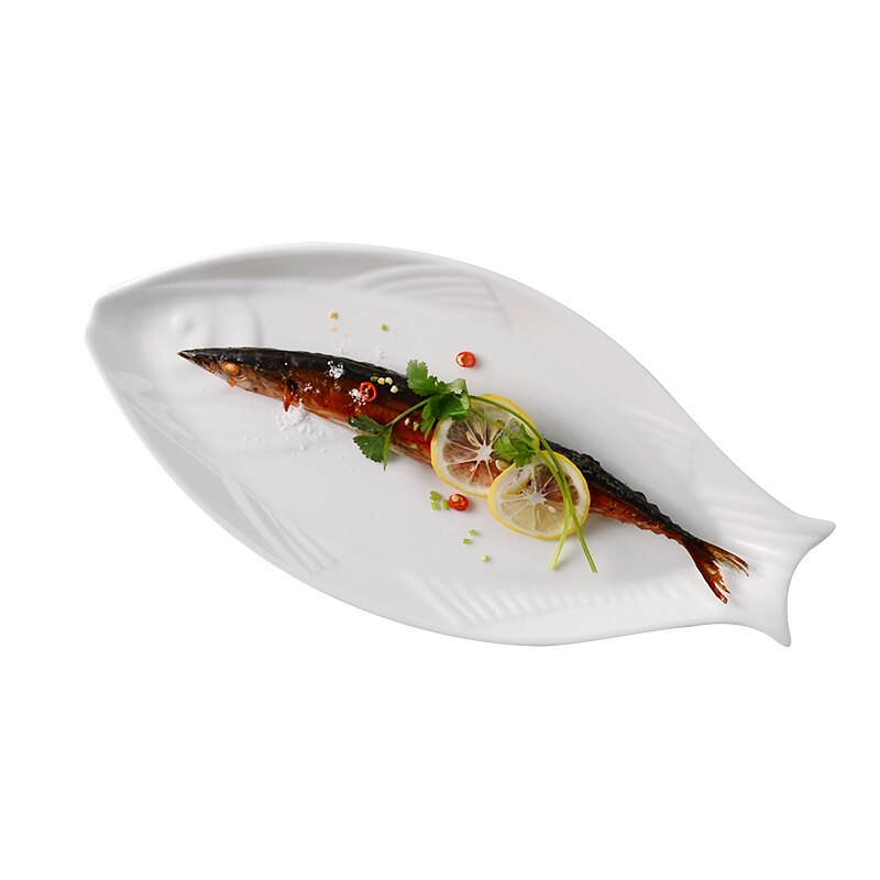 Pure white ceramic fish plate, fish-shaped plate, deep dish, household large dish plate, fish plate, tableware, restaurant, Japa