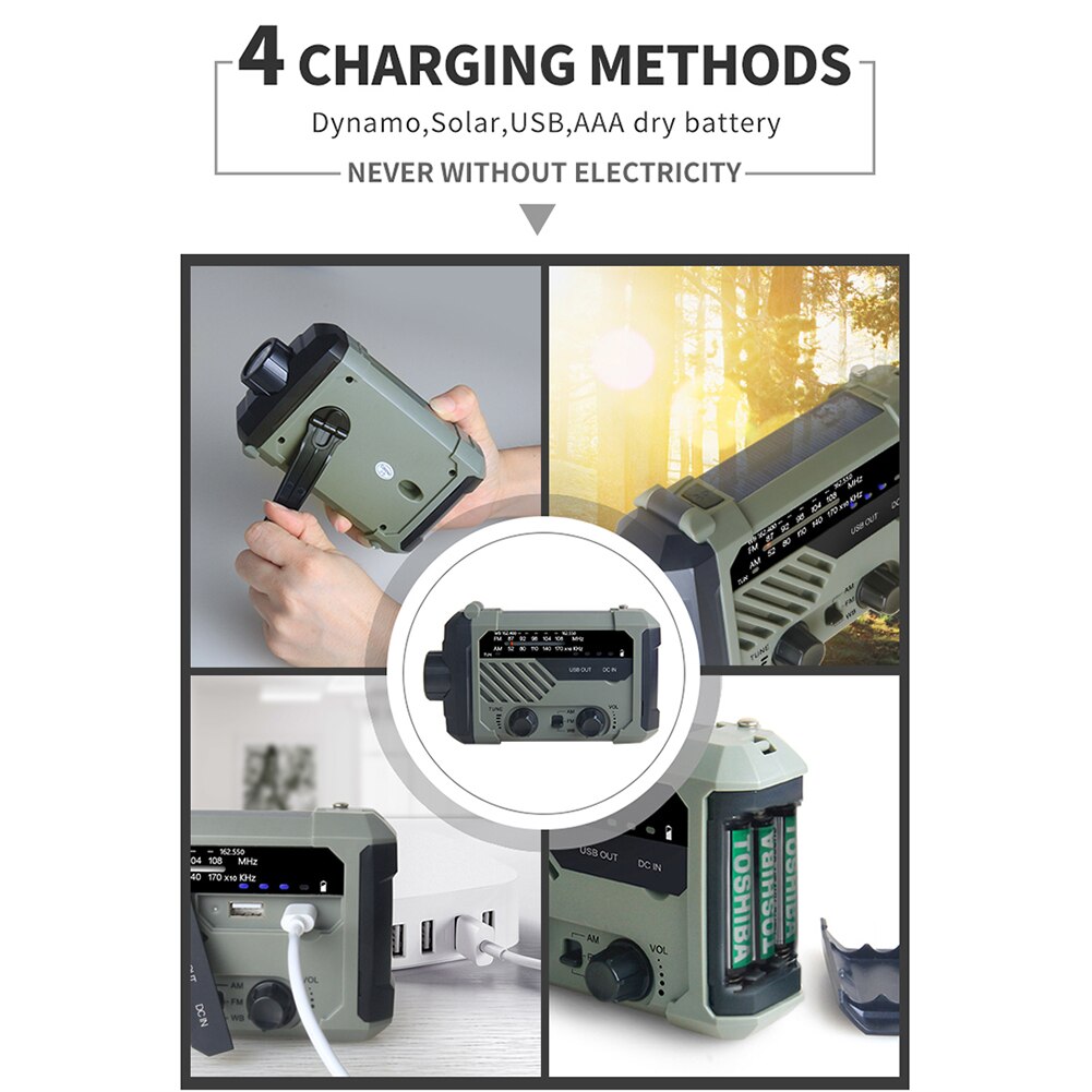 Emergency Radio 2000mAh-Solar Hand Crank Portable AM/FM/NOAA Weather Radio with Flashlight&amp;Reading Lamp Cell Phone Charger