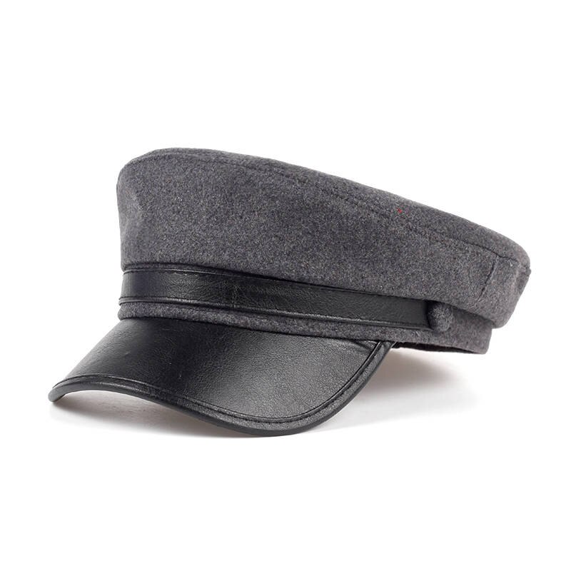 Boina de lana con vosor para hombre y mujer, gorro cálido de cuero azul marino para viajes al aire libre, invierno,: gray