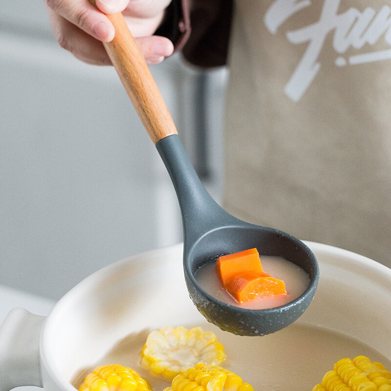 12 pièces/ensemble Silicone ustensiles de cuisine cuisson antiadhésive spatule pelle pinces soupe louche manche en bois inox boîte de rangement