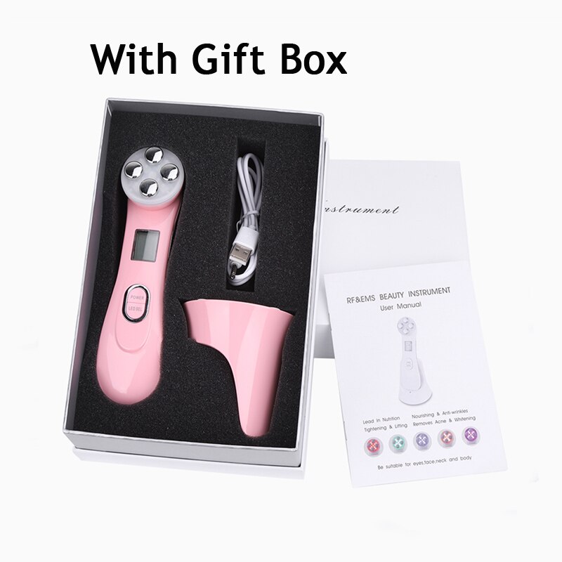 5 in 1 LED skin Tightening Device RF/EMS Mesotherapy Electroporation Beauty Radio Frequency LED Photon Face Skin Rejuvenation: Pink With Box