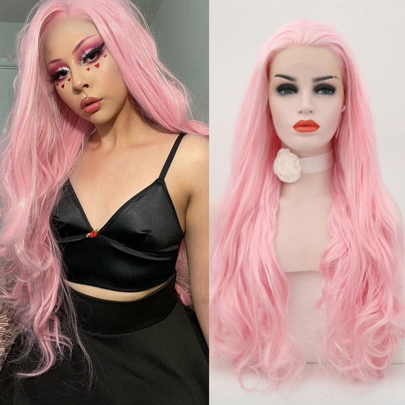 Charisma Lange Golvende Pruik Hittebestendige Vezel Haar Roze Pruik Lijmloze Synthetische Lace Front Pruik Voor Vrouwen Cosplay Pruiken