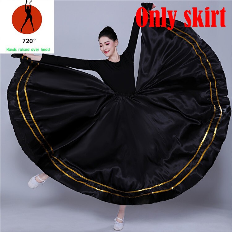 Svart traditionell spansk flamenco kjol zigenare kvinnor dans dräkt randig satäng slät stora gung kjolar mage kläder  dl5156: 720 grader