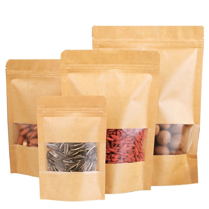 50pcs Kraft Paper Bags Zip Lock Brown With Window Stand Up Resealable Grip Ziplock Pouches Tea Coffee Bean Candy Packaging Food