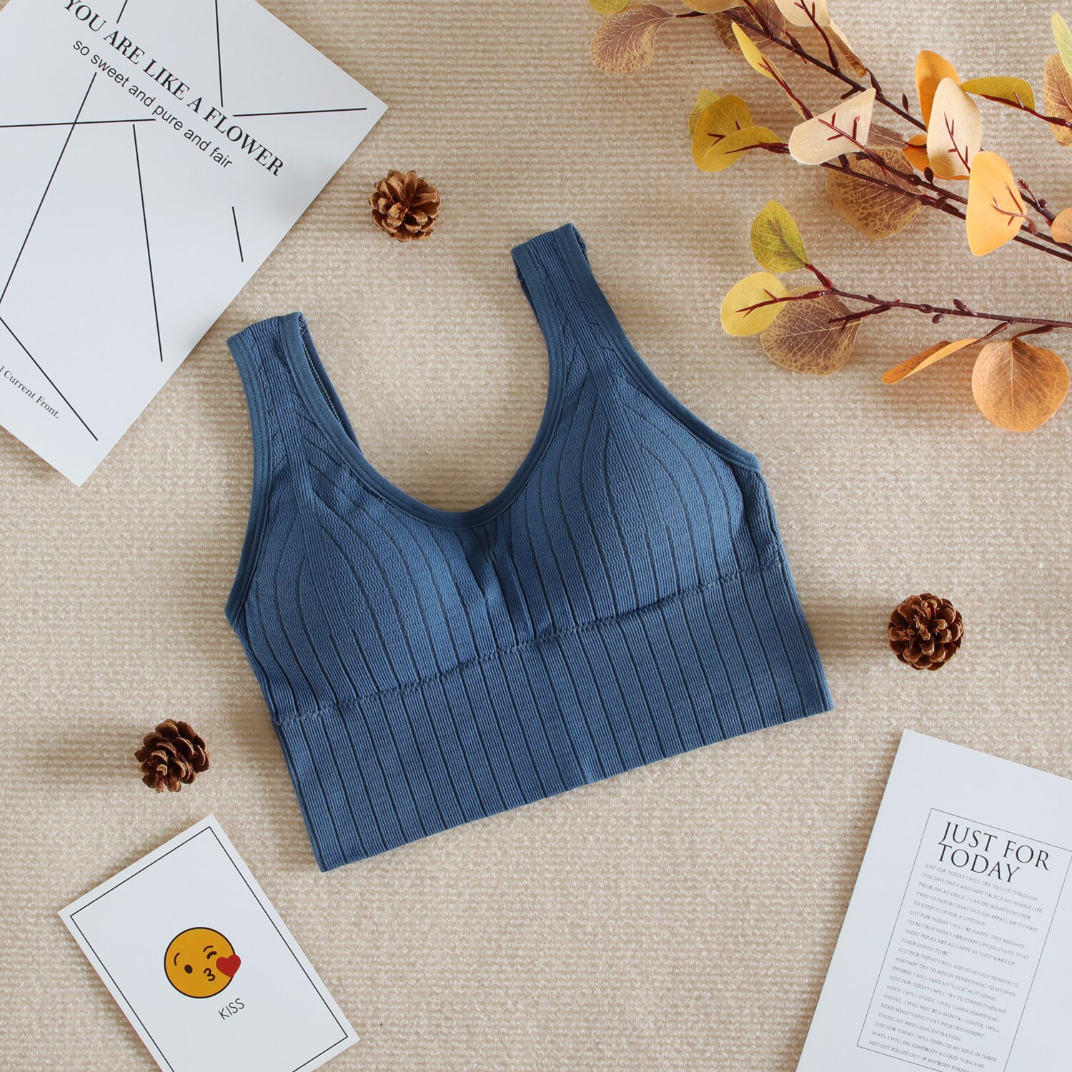 Seamless Padded Crop Top Women Bra Sports One-Piece Tube Top Underwear Striped Wireless Lingerie: blue top