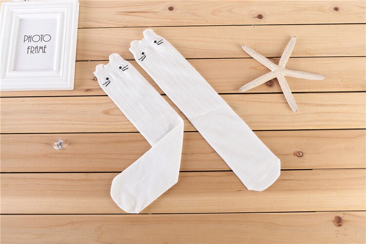 Kid piger sokker børns knæhøje sokker med kat mønster baby benvarmere bomuld prinsesse stil skolepiger lange sokker: Hvid