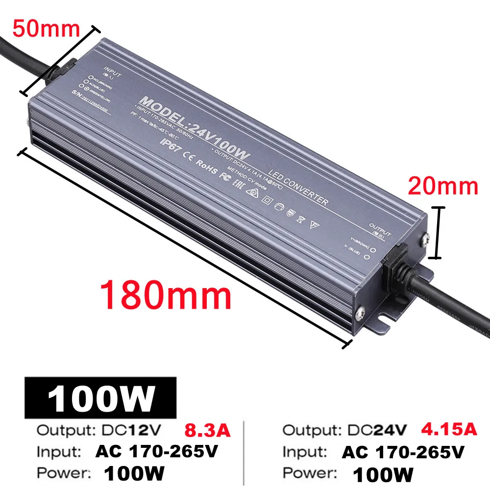 Waterproof Power Supply IP67 IP68 Lighting Transformer AC220V To DC 12V 24V LED Driver 100W 200W 300W 400W 500W Outdoor Adapter: Brown / 12V