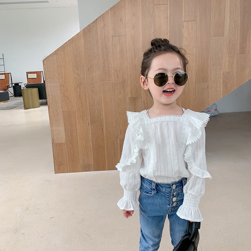 MILANCEL, ropa de otoño para niñas, camisa de estilo de encaje para niñas, camisa blanca con mangas de volantes para niñas, tops base para niños