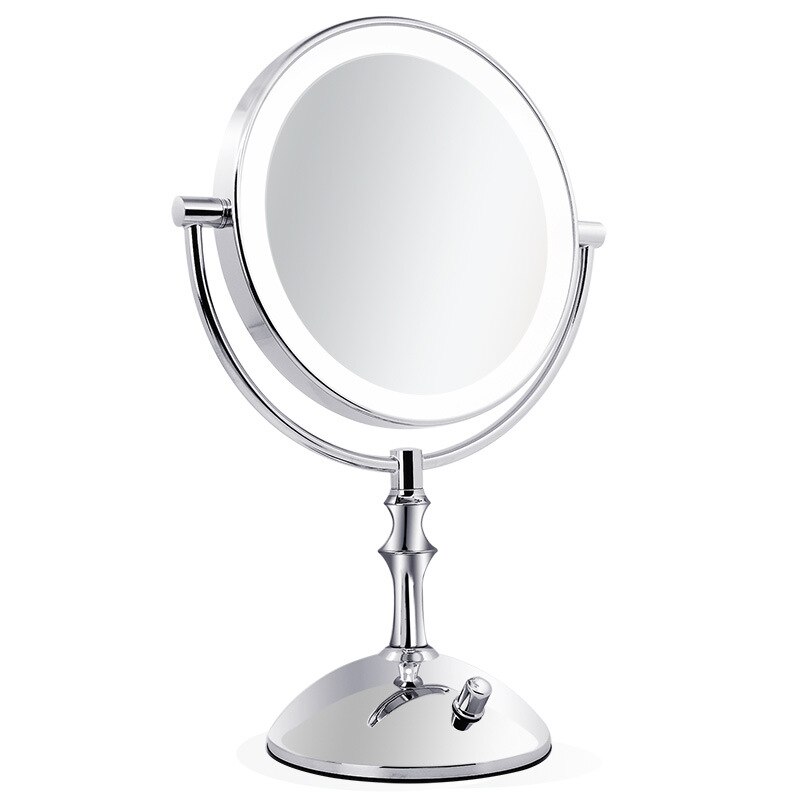 Miroir de maquillage métallique à 2 faces, 8 pouces, avec lampe LED grossissante 3X 5X 10X, pour cosmétique, réglage de la luminosité: silver 5X Magnifying