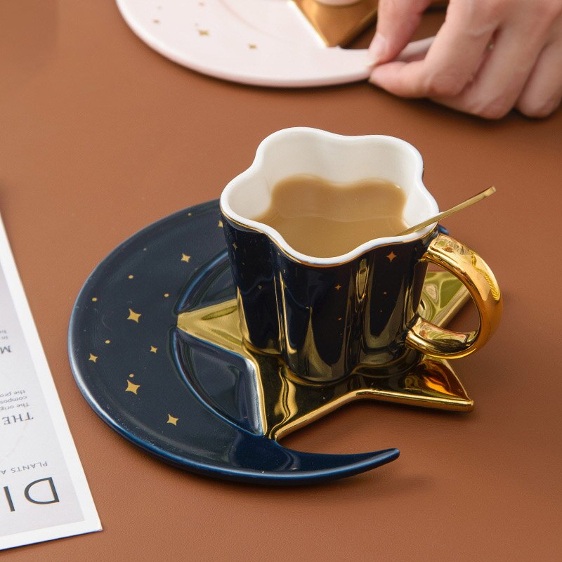 Ceramic Star Moon Shaped Coffee Mug And Saucer With Spoon Milk Tea Water Cup Gold Rim Cafe Mugs Plate Dish Coffeeware Home Cups