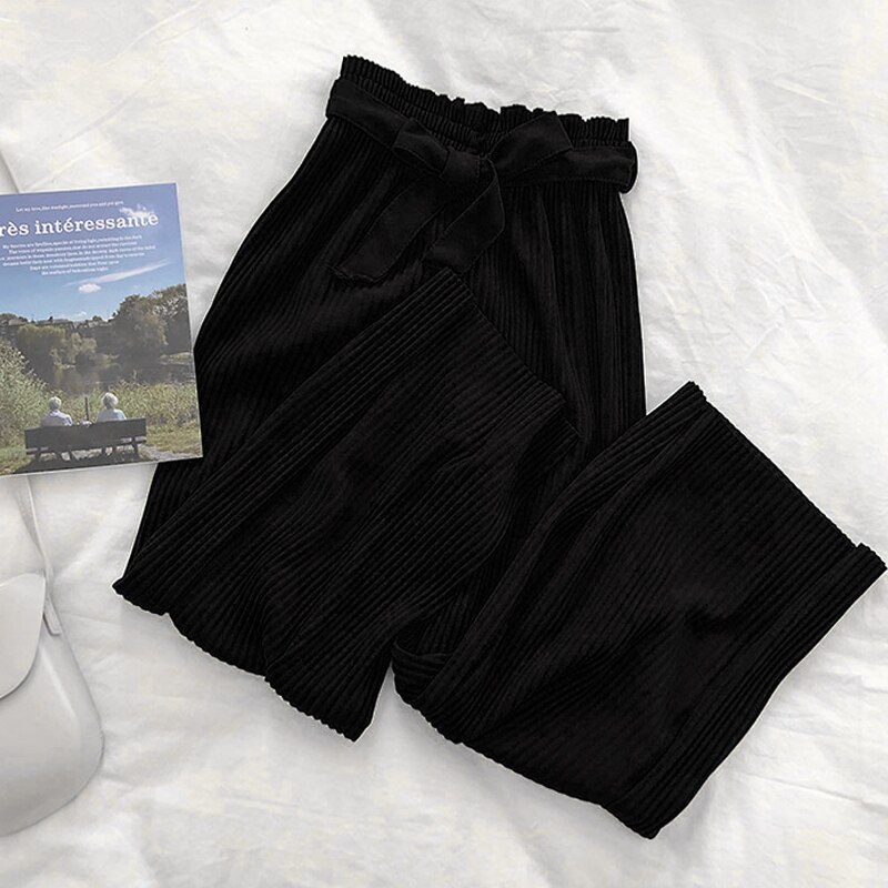 Women's Casual Wide Leg Pants - High Waist Belted Pleated Trousers for Summer: Black