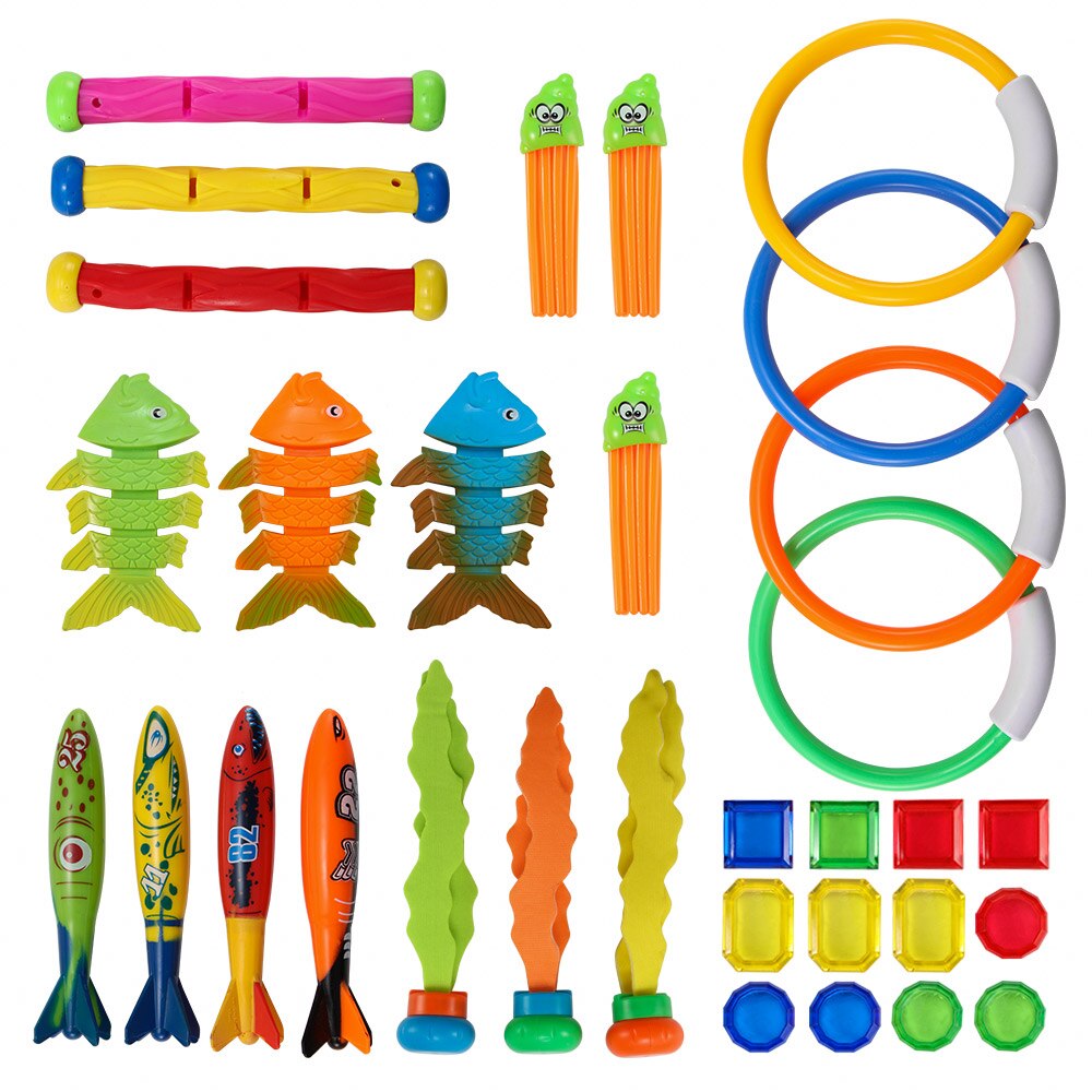 32 Pcs Diving Game Toys Set Rings Treasures Dive Underwater Swimming Pool Kids Summer Torpedo Rocket Throwing Piscina Toy