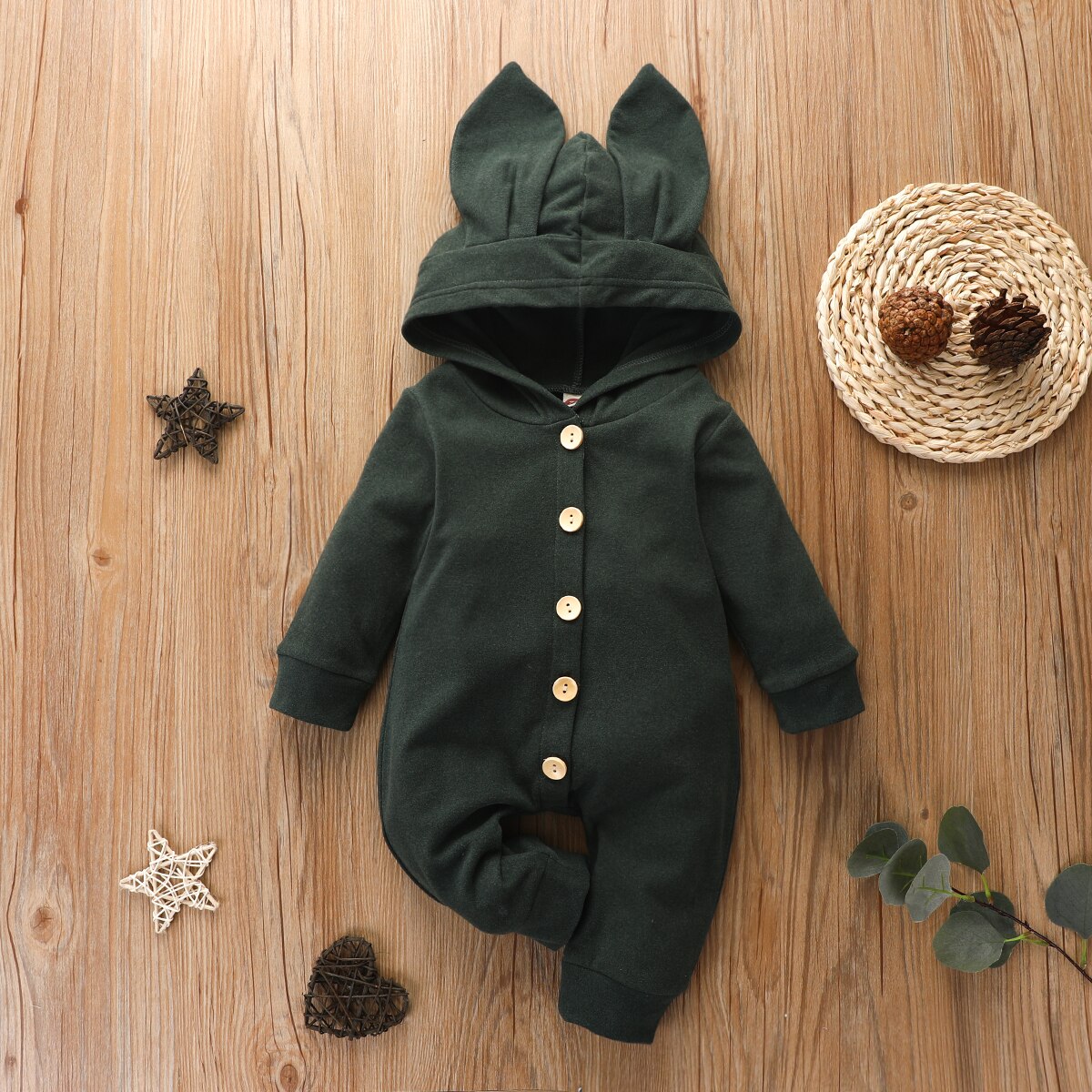 Herbst Winter neugeborenen Baby strampler mit hasenohren, langen ärmeln, niedlicher kapuzenpullover, einfarbig, jungen mädchen