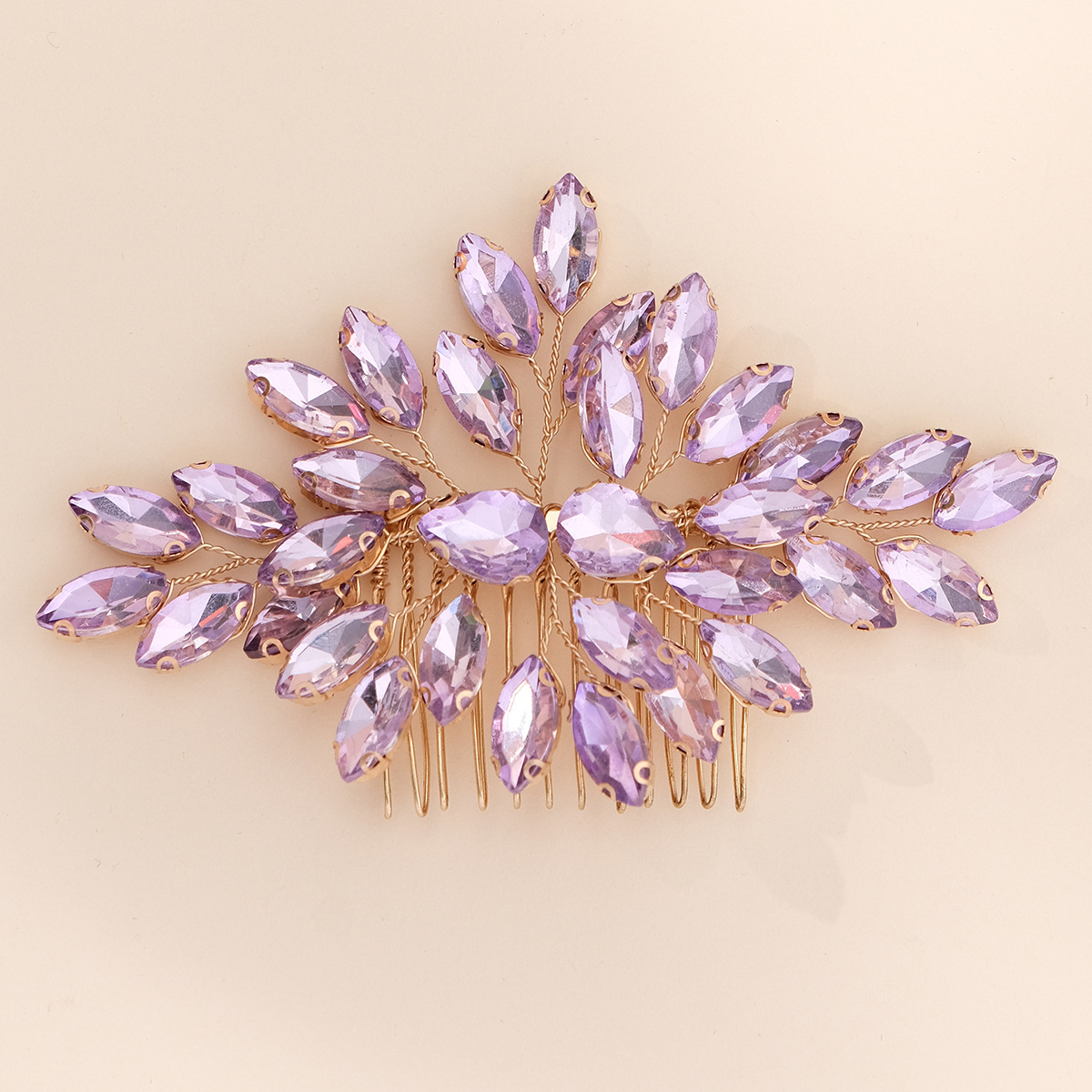 Bruid Bruiloft Haar Kammen Paars Kristal Kralen Haarspelden Zijclip Zilver Kleur Legering Blad Hoofddeksel voor Vrouw Feest Haar Sieraden: Goud-kleur