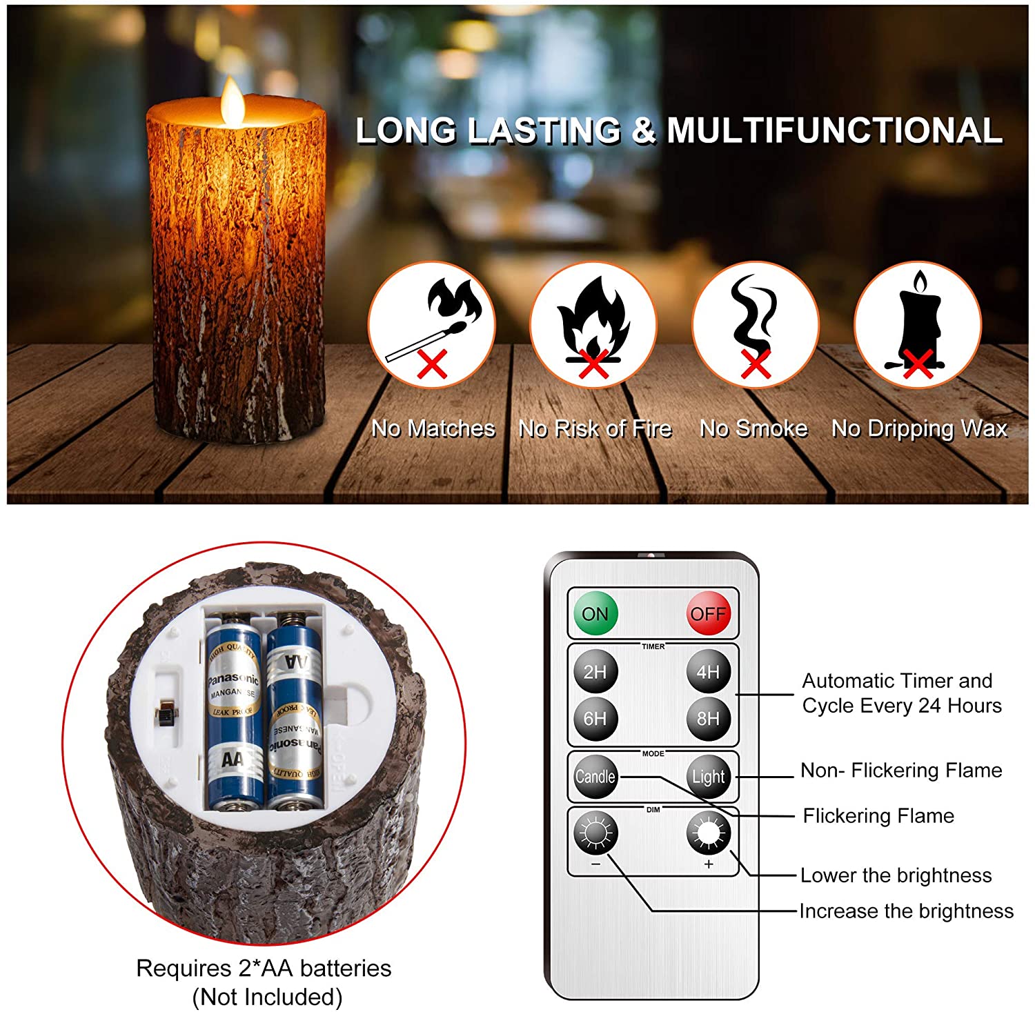Flameless Candles Battery Operated Flickering Candles with Real Wax Pillar, Remote Control, 24-Hour Timer Function