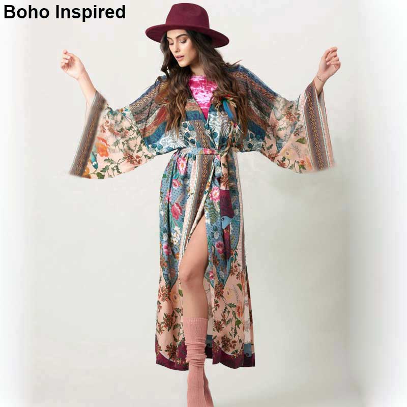 Boho Geïnspireerd Kimono Cover Ups Voor Badmode Sexy Bikini Coverups Boho Kimono Bloemen Gedrukt Lange Mouwen Beachwear Maxi Gewaad