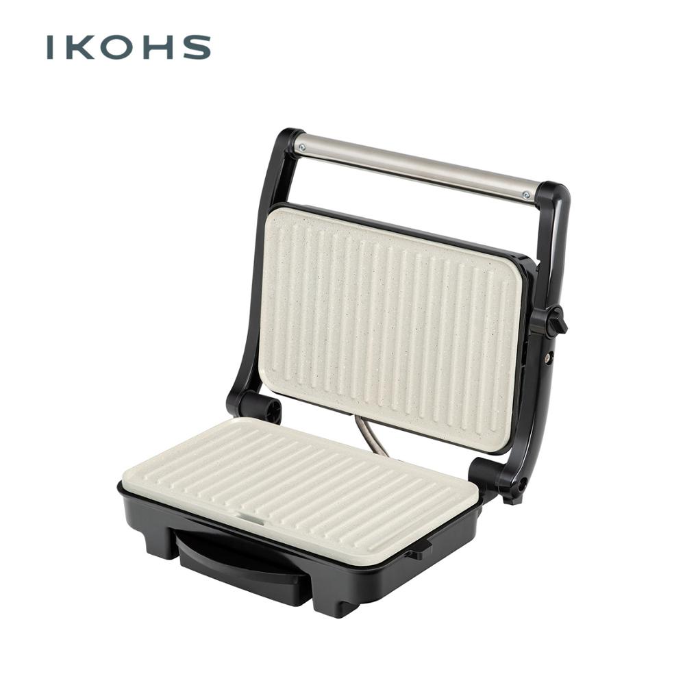 IKOHS Parrilla Plancha PRO Sandwich Maker Grills Asado Eléctrica 1500W Color Plata Metal Tapa Flotante Antiadherente Termostato Regulable Facilita Limpieza Base Antideslizante Grasa Bandeja 105º abierto