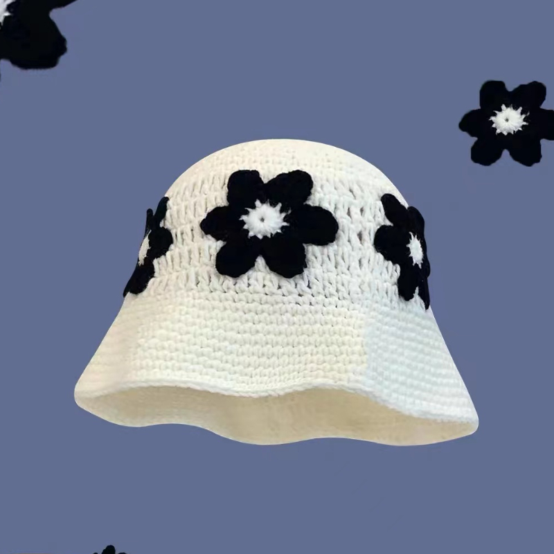Autumn Crochet Korean Handmade Bucket Hat Women Weaving Knitted Hat Y2k Flowers Autumn Winter Beanies Basin Cap: Ivory