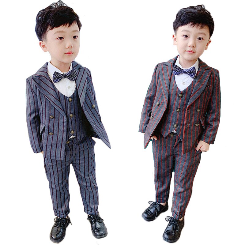Pojkar formell kostym set barn randiga kavajväst byxor 3 st klädeset barn smoking för bröllopsfest prestanda kostym