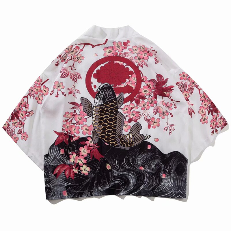 Japanse Kimono Shirts Koi Vis Gedrukt Harajuku Hip Hop Mannen Japan Stijl Streetwear Shirts Zomer Dunne Kleding Losse Kimono