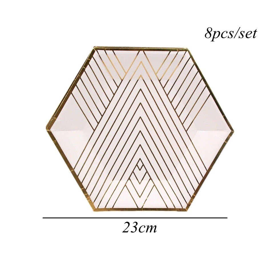 1 set vitguld marmor pappersmugg/tallrikar/servett rand engångsservis dukat bordsdekoration för bröllopsfesttillbehör: 8 st guldrandsplatta