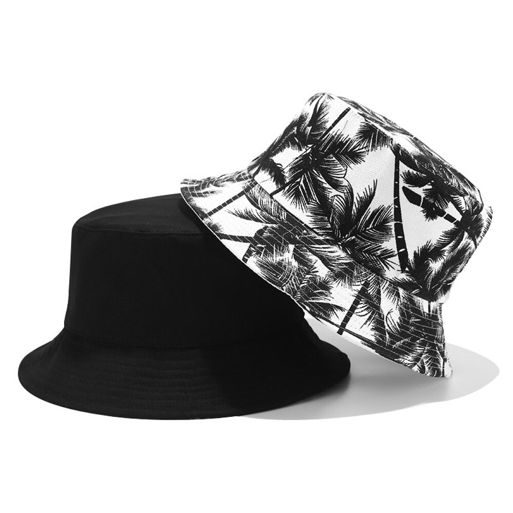 Unisex Summer Reversible Black White Coconut Tree Printed Fisherman Caps Bucket Hats Gorro Pescador Men Women: Black