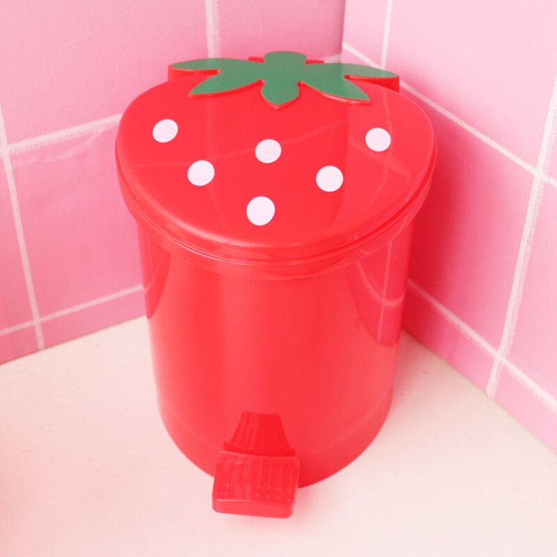 Cute Pink Red Strawberry Waste Bin Desktop Portable Plastic Mini Garbage Basket Home Bedroom Storage Bucket Trash Can With Lid: Red / 21x28x19cm