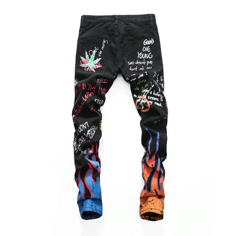Streetwear heren jeans slim fit elastische persoonlijkheid bedrukte jeans heren nachtclub punk kokerbroek hiphop jeans