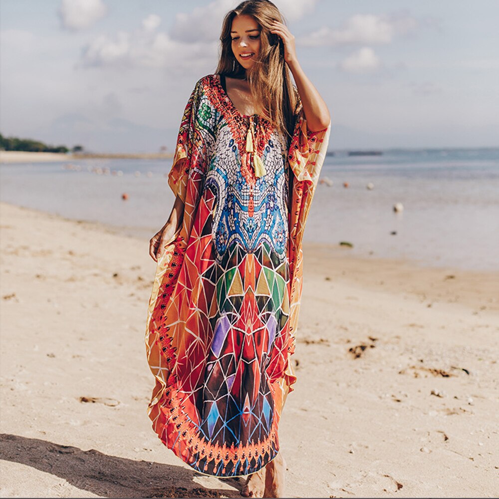 Bohemian geprinte strand maxi-jurk snel drogend lange tuniek dames strandbedekking v-hals vleermuismouwen oversized strandkleding kaftan