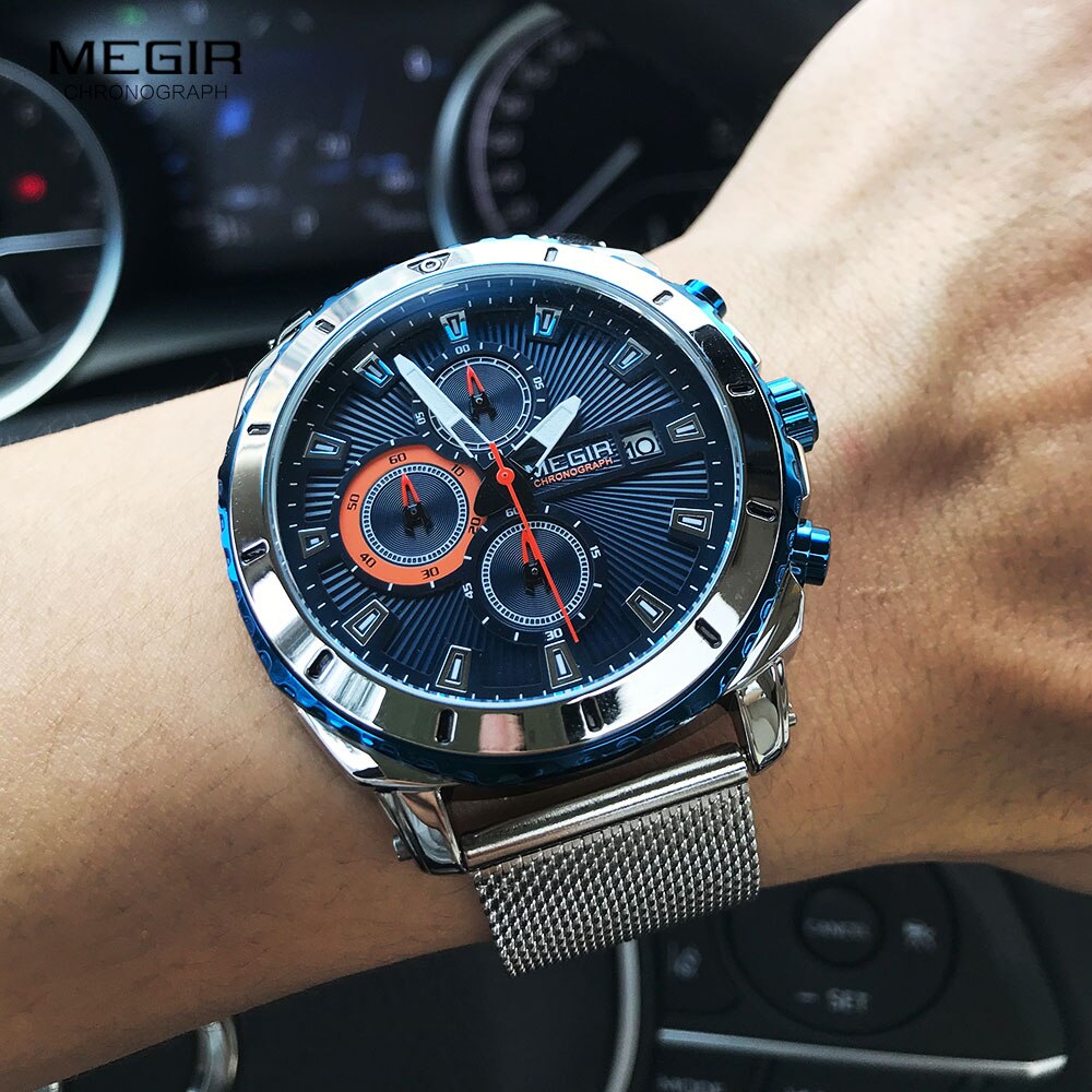 Megir Horloges Mannen Luxe Mesh Band Bedrijf Quartz Horloge Voor Man Top Waterdichte Leger Sport Pols Horloges Blauw gezicht