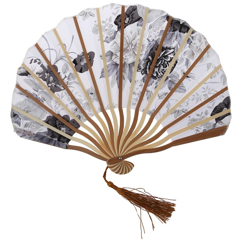 Chinese Grijs Pioen Blossom Stof Bamboe Vouwen Dansen Hand Ventilator Wit